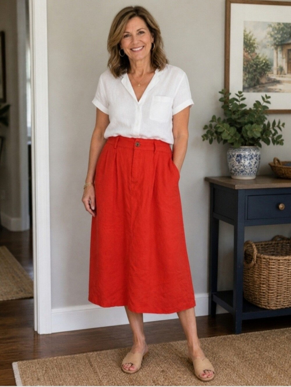 A New Day Red Midi A-Line Skirt Linen Style Women's Size XS